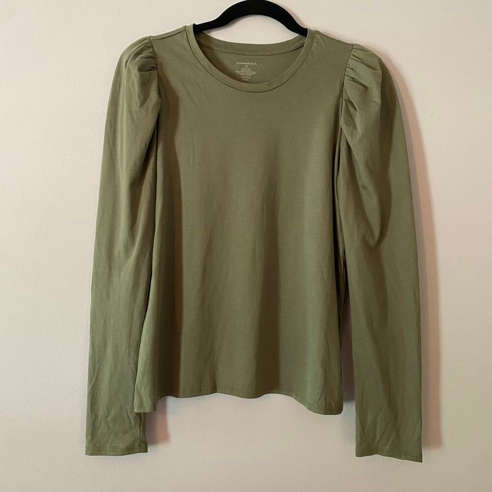 Summersalt Green Puff Sleeve Long Sleeve Crewneck Shirt Minimalist Cotton XS